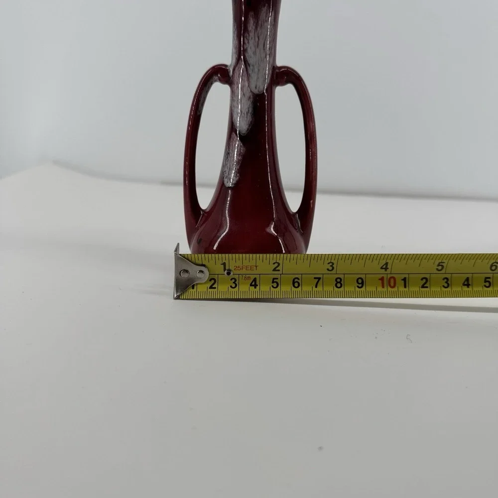 Vtg Art Nouveau Red Subtle Floral Drip Glaze Mid Century Double Handled Bud Vase